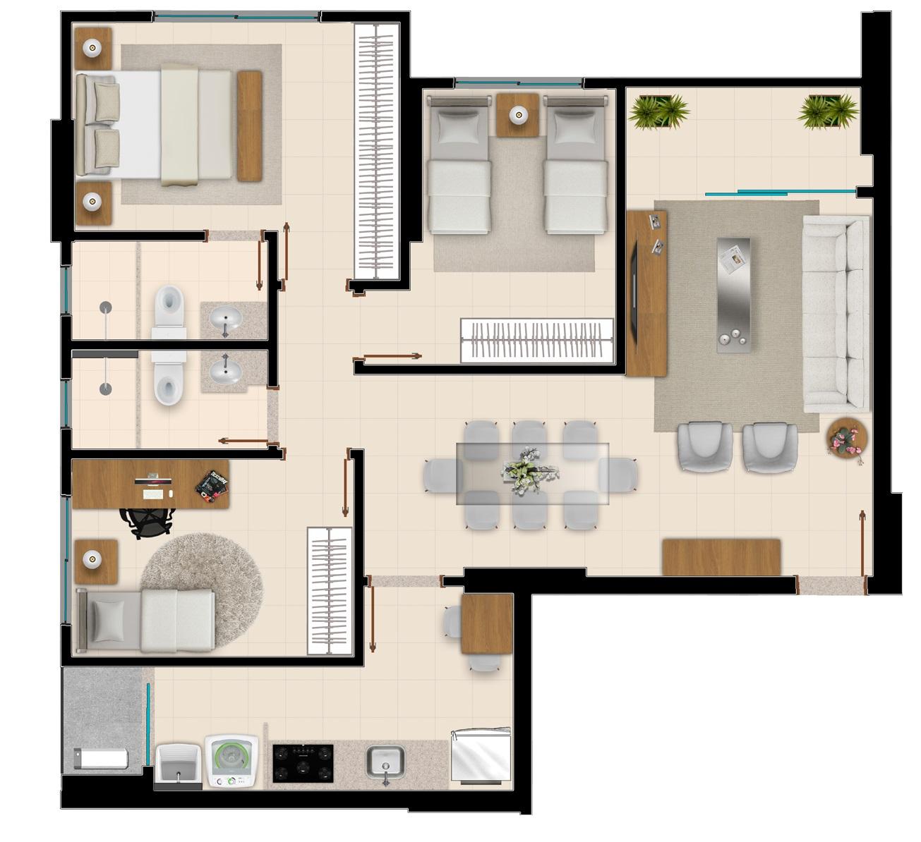 Planta 80m² - 3Q com Suíte